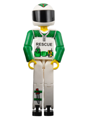 Technic Figure White Legs, White Top with Black 'RESCUE' and Green Belt Pattern, Green Arms, White Helmet with Green Snake,