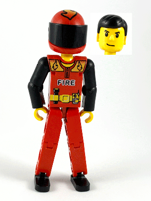 Technic Figure Red Legs, Red Top with Black 'FIRE', Black Arms (Fireman), Red Helmet with Flame, Black Visor - Without