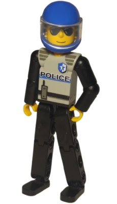 Technic Figure Black Legs, Light Gray Top with Police Pattern, Black Arms, Blue Helmet (tech029a) product image 1, provided