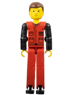 Technic Figure Red Legs, Red Top with Black Pattern, Black Arms, Brown Hair (tech028) product image 1, provided for visual
