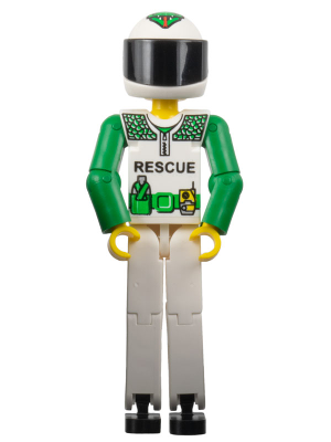 Technic Figure White Legs, White Top with Black 'RESCUE' and Green Belt Pattern, Green Arms, White Helmet with Green Snake,