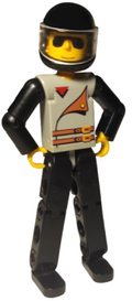 Technic Figure Black Legs, Light Gray Top with 2 Brown Belts, Black Arms, Black Helmet (tech012a) product image 1, provided
